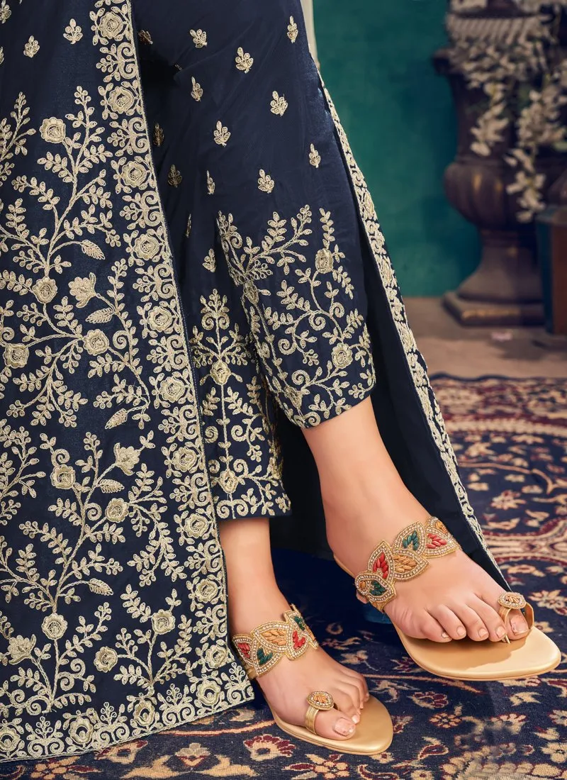 Floor Length Navy Blue Art Silk Embroidered Anarkali Suit