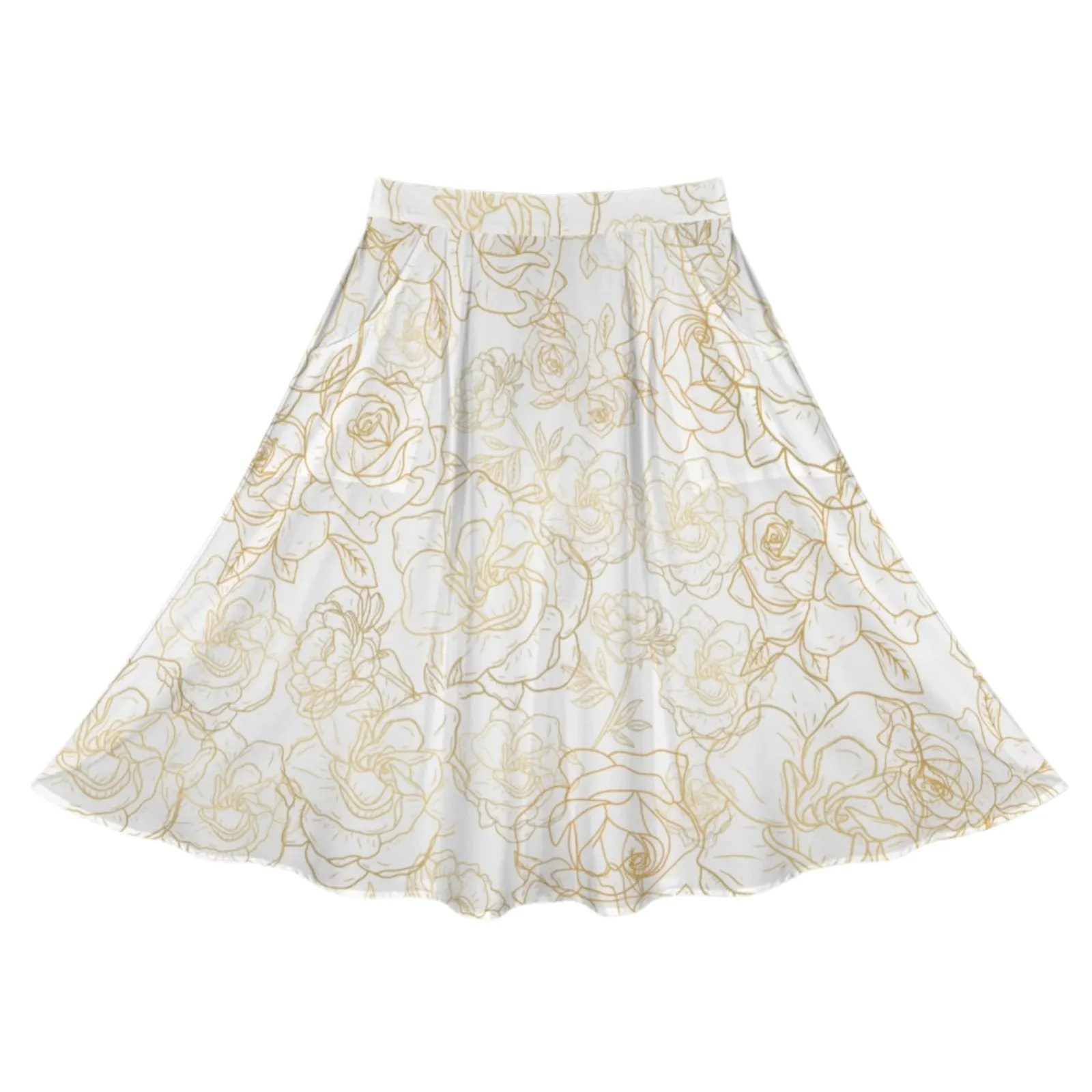 Golden Roses White Mid Length Skirt with Pockets up to 5 XL (FWS)