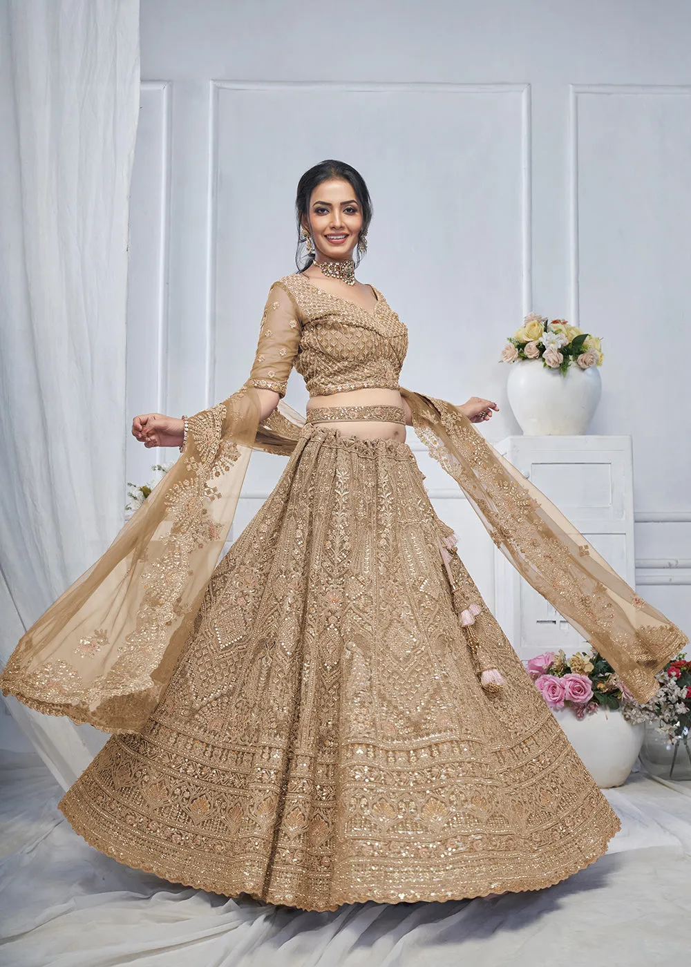 Graceful Brown All Over Embroidered Designer Lehenga Choli