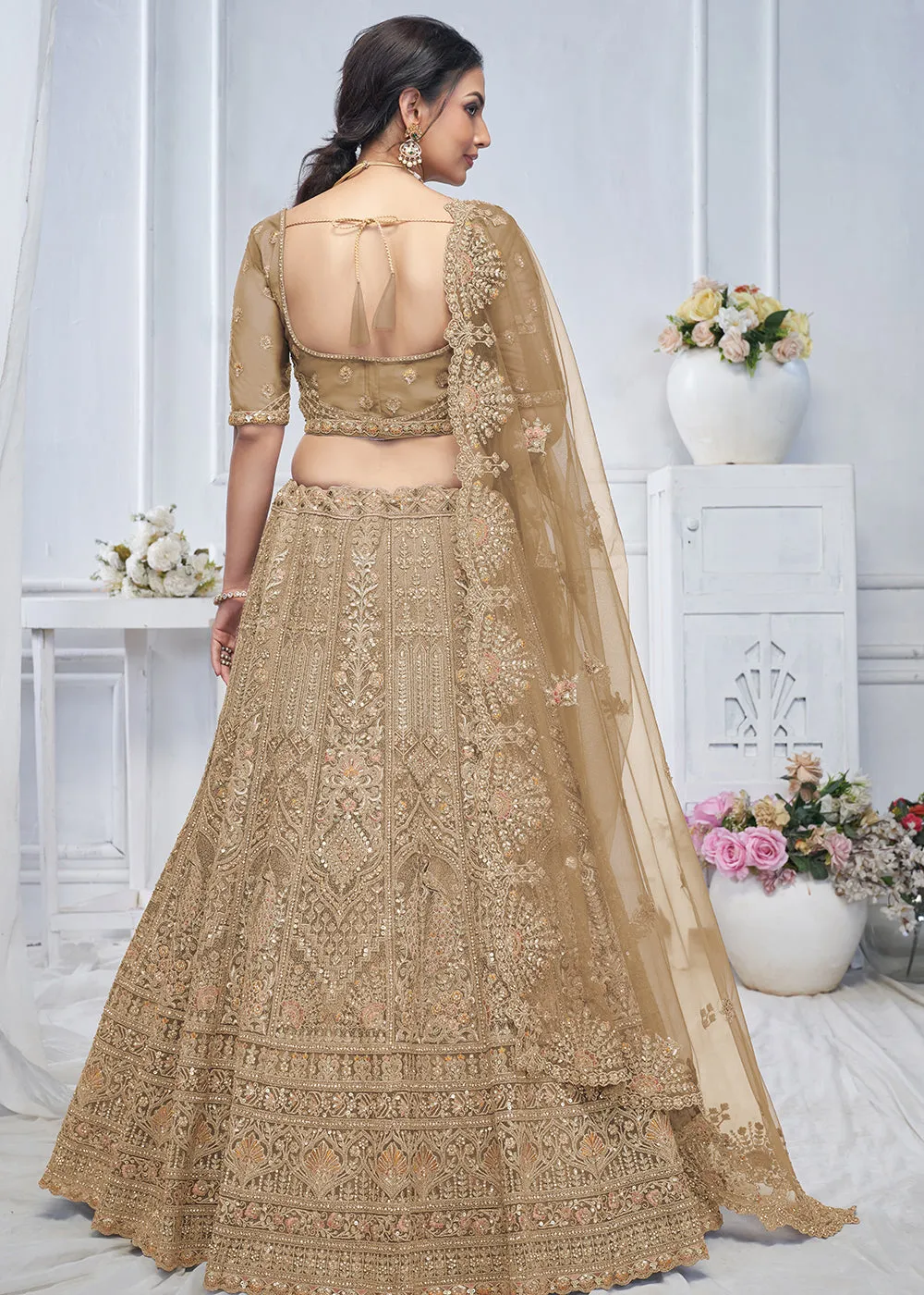 Graceful Brown All Over Embroidered Designer Lehenga Choli
