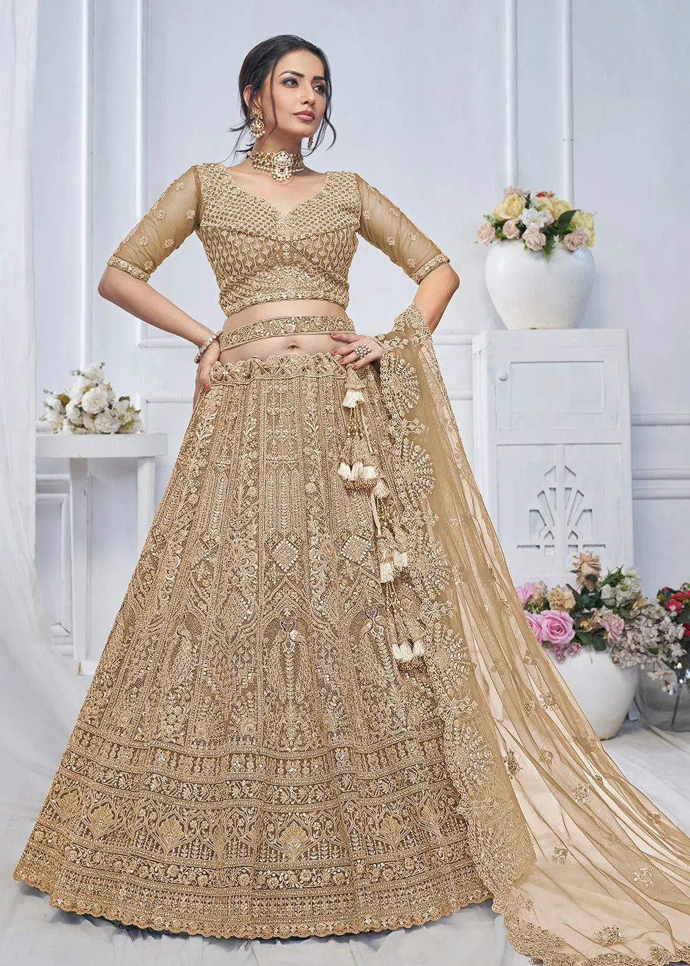 Graceful Brown All Over Embroidered Designer Lehenga Choli