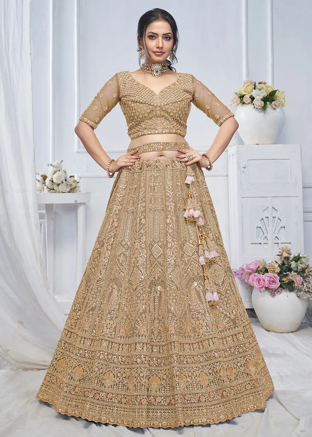 Graceful Brown All Over Embroidered Designer Lehenga Choli