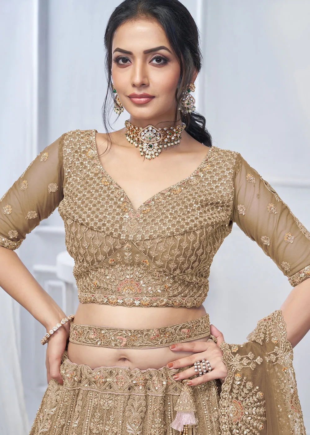 Graceful Brown All Over Embroidered Designer Lehenga Choli