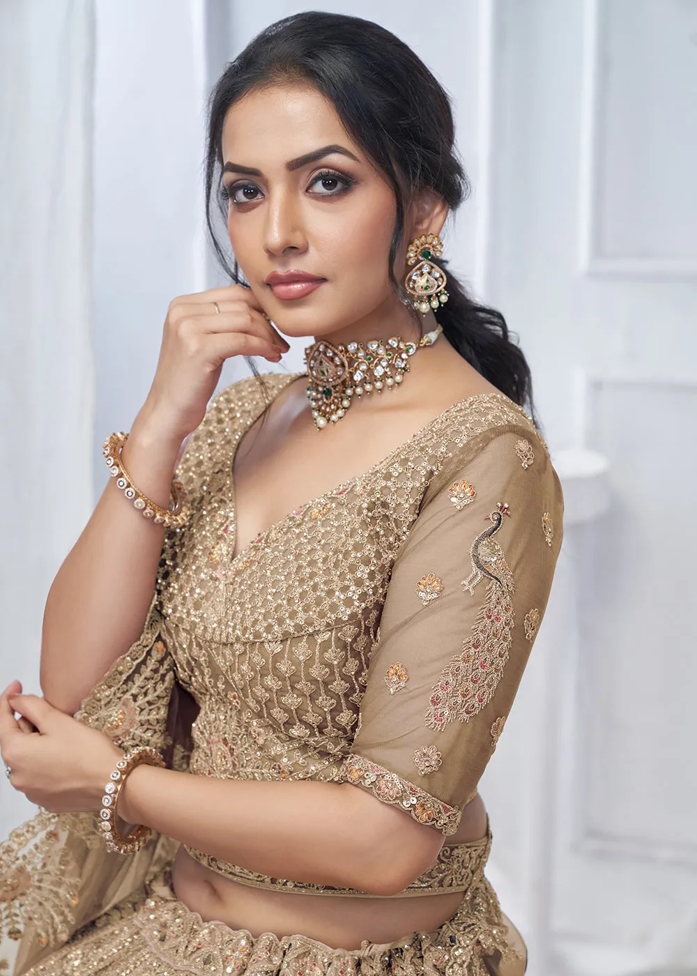 Graceful Brown All Over Embroidered Designer Lehenga Choli