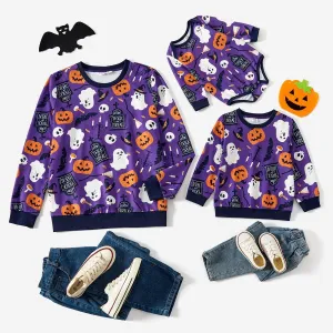 Halloween Family Matching Purple Letter & Ghost Print Tops