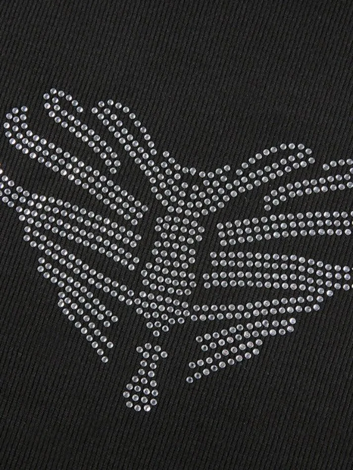 Heart Rhinestone Print Cropped Short Sleeve Tee
