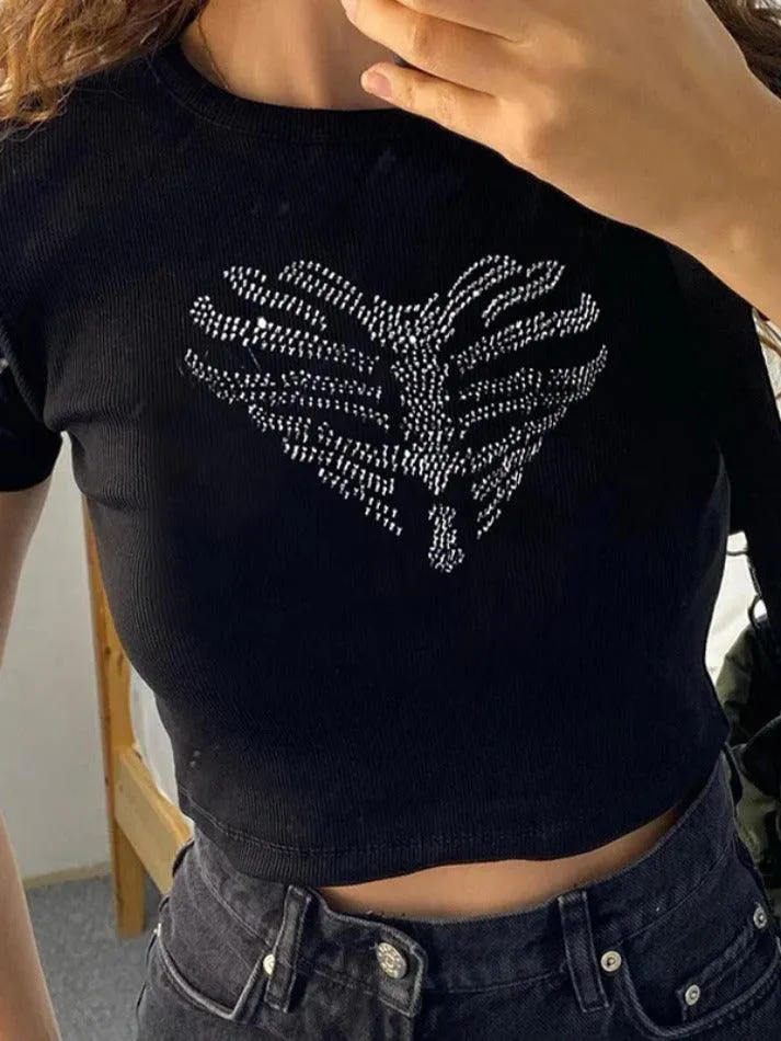 Heart Rhinestone Print Cropped Short Sleeve Tee