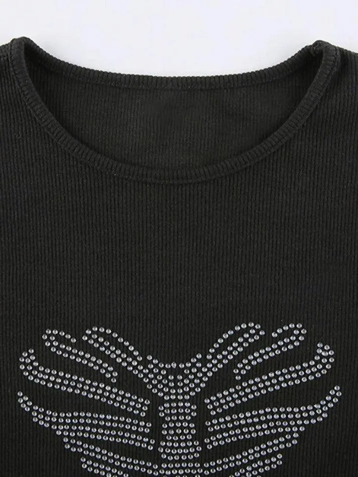 Heart Rhinestone Print Cropped Short Sleeve Tee
