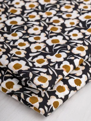 Illustrated Daisy Print Cotton Poplin - Black   White   Ochre