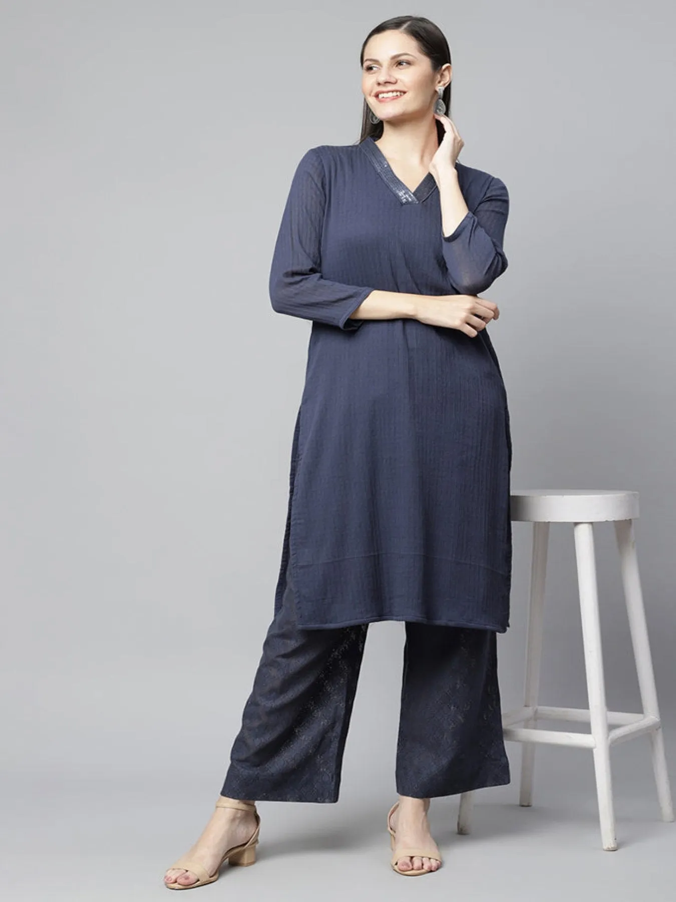 Ivory Sequins Embroidered Kurta Set