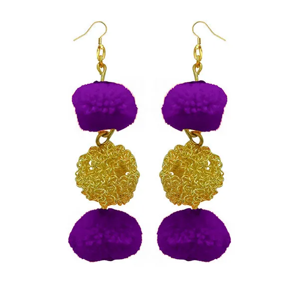 Jeweljunk Gold Plated Purple Pompom Thread Earrings