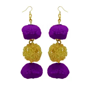 Jeweljunk Gold Plated Purple Pompom Thread Earrings