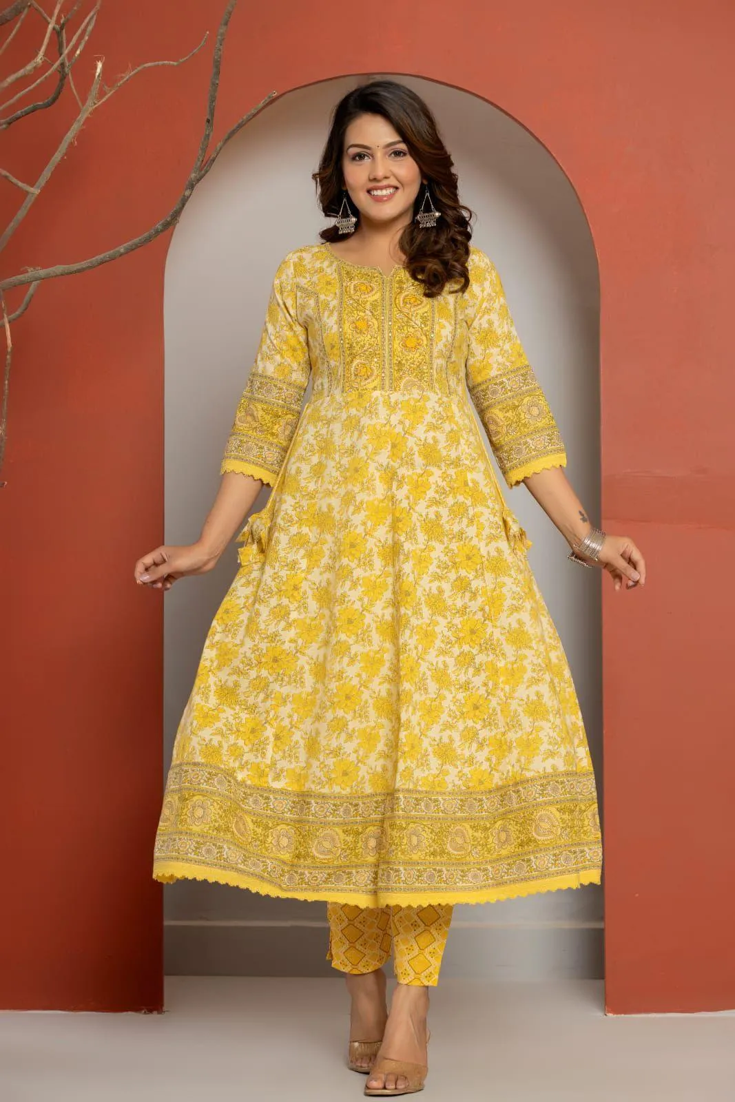Lemon Yellow Handworked Cotton Kurti Set with Tassels & Mul Dupatta