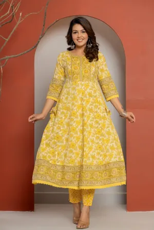 Lemon Yellow Handworked Cotton Kurti Set with Tassels & Mul Dupatta