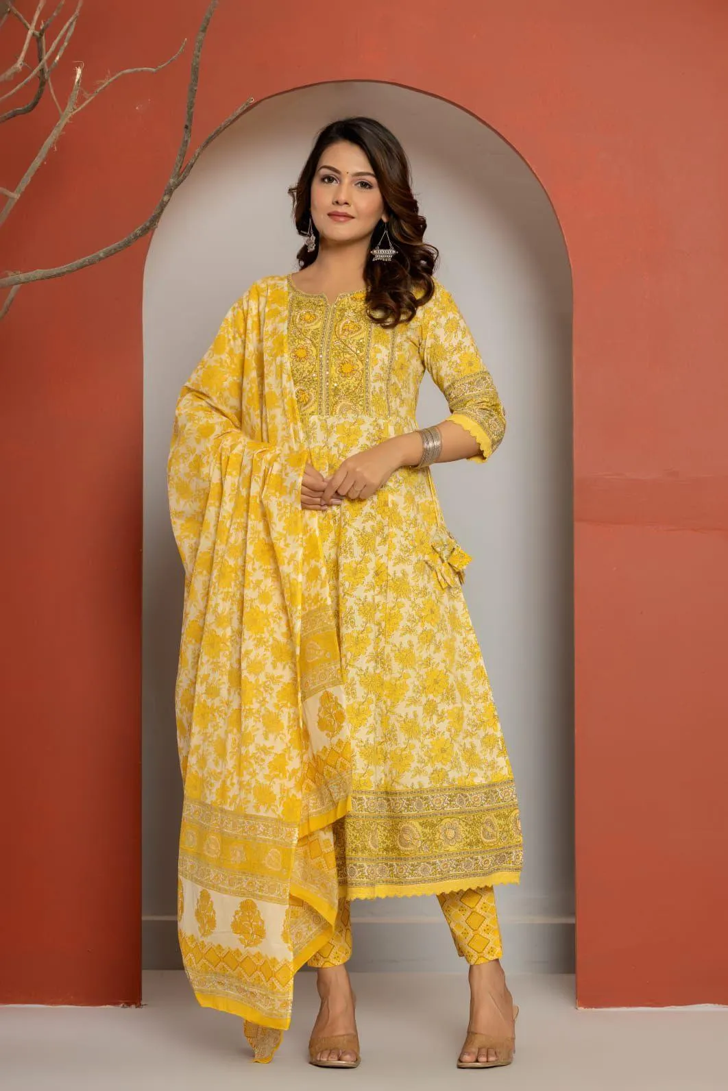 Lemon Yellow Handworked Cotton Kurti Set with Tassels & Mul Dupatta