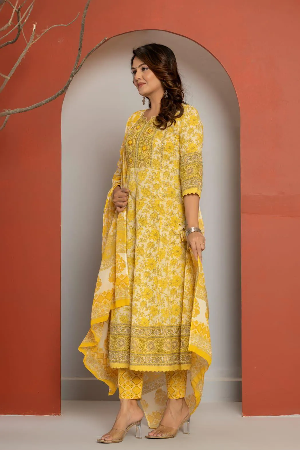 Lemon Yellow Handworked Cotton Kurti Set with Tassels & Mul Dupatta