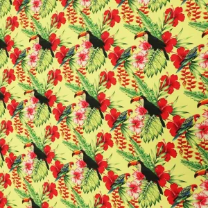 Lime Yellow Background with Multicolored  Leaves and Birdie Printed Fabric