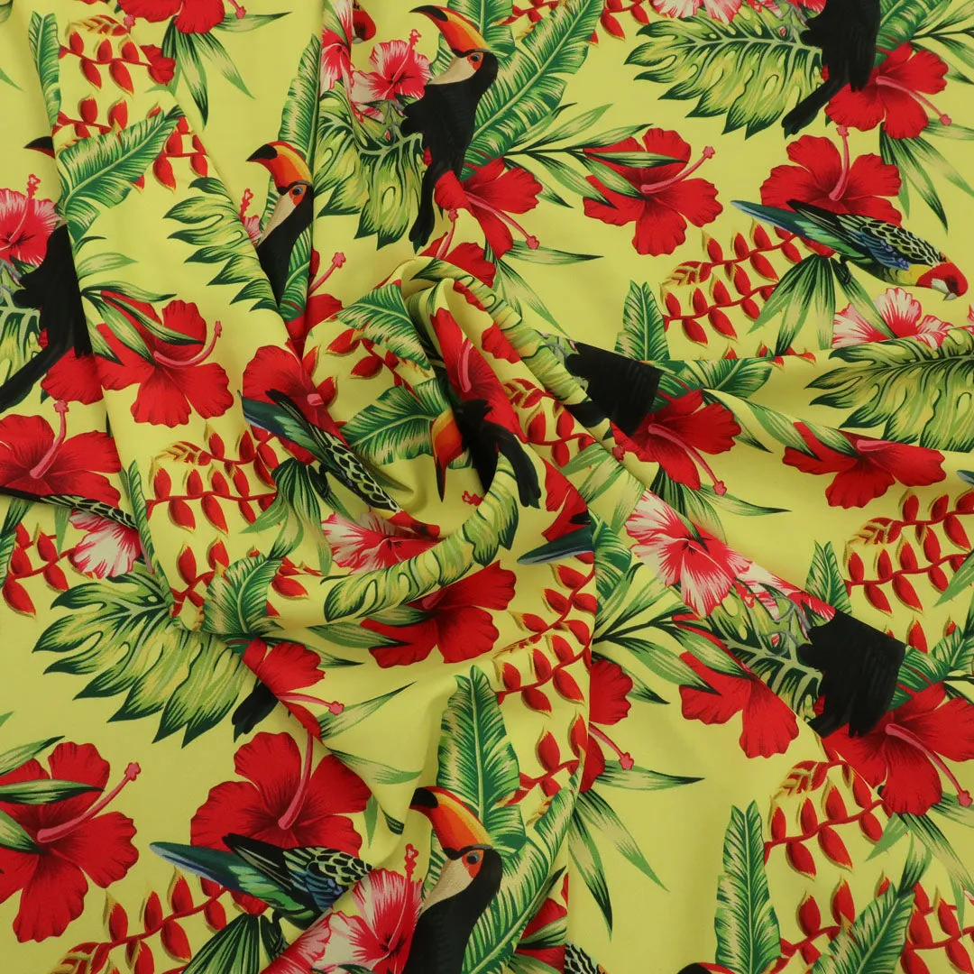 Lime Yellow Background with Multicolored  Leaves and Birdie Printed Fabric