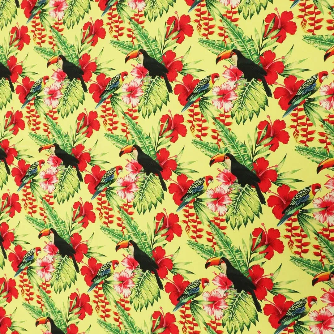 Lime Yellow Background with Multicolored  Leaves and Birdie Printed Fabric