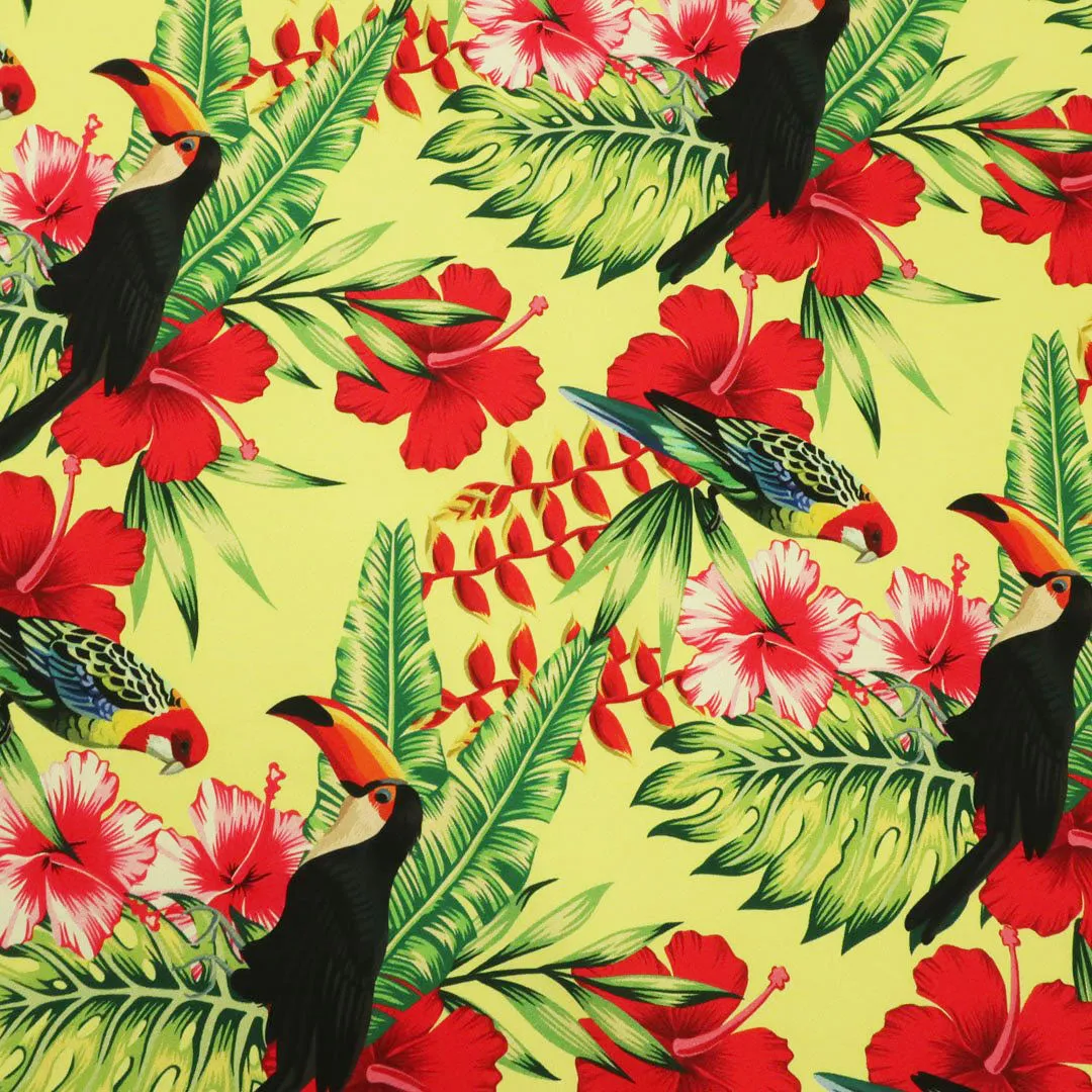 Lime Yellow Background with Multicolored  Leaves and Birdie Printed Fabric