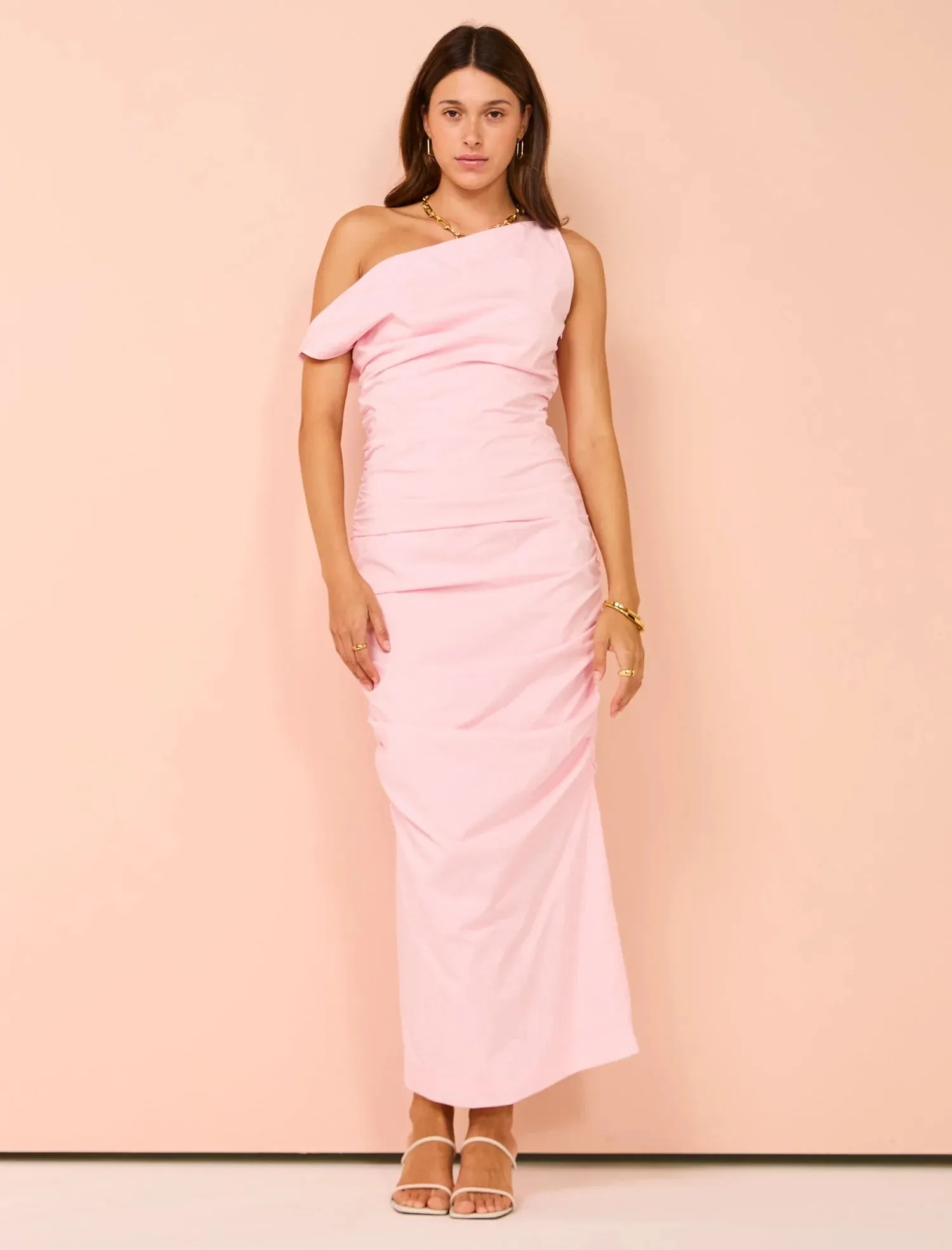 One Shoulder Ruched Midi (Candy Pink)