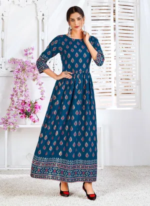 Peacock Blue Color Rayon Base Long Kurti With Silk Weave