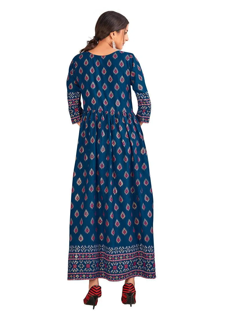 Peacock Blue Color Rayon Base Long Kurti With Silk Weave