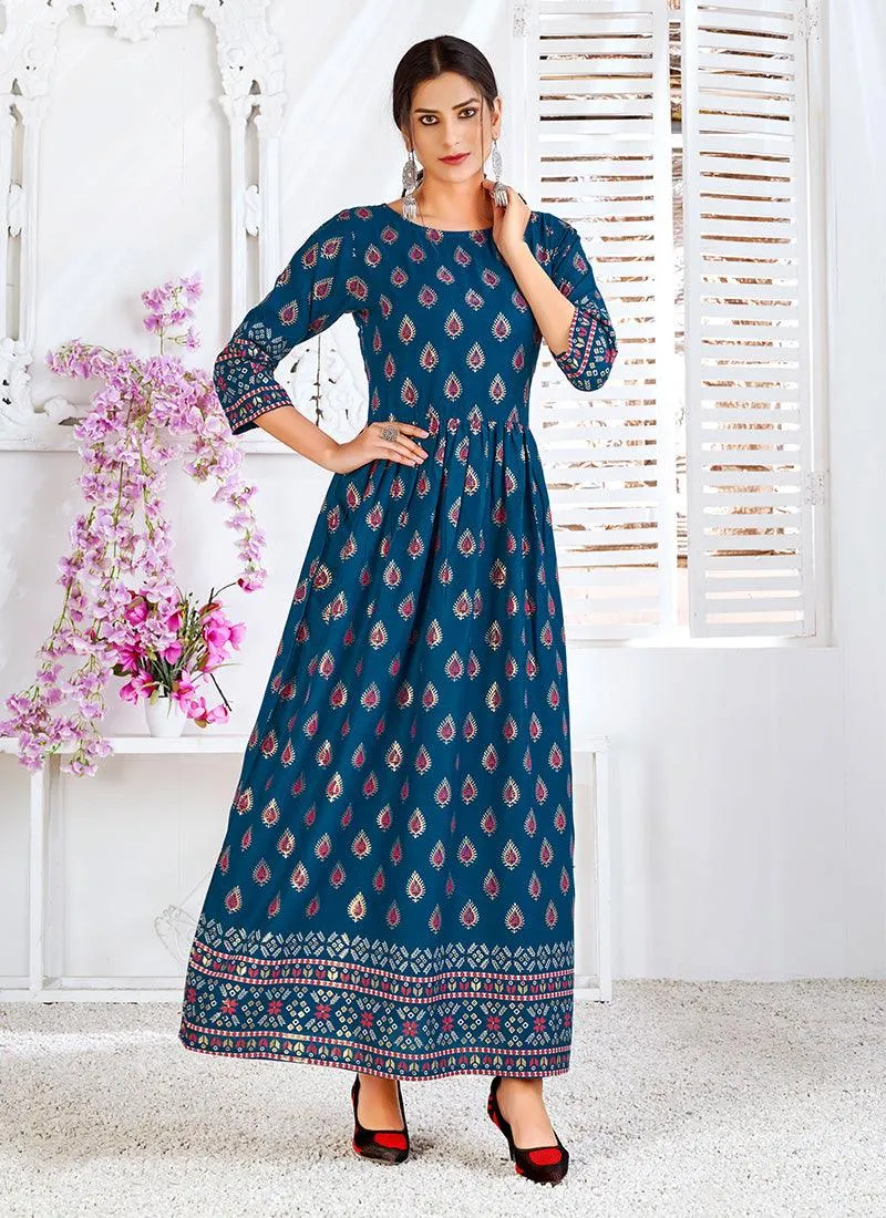 Peacock Blue Color Rayon Base Long Kurti With Silk Weave