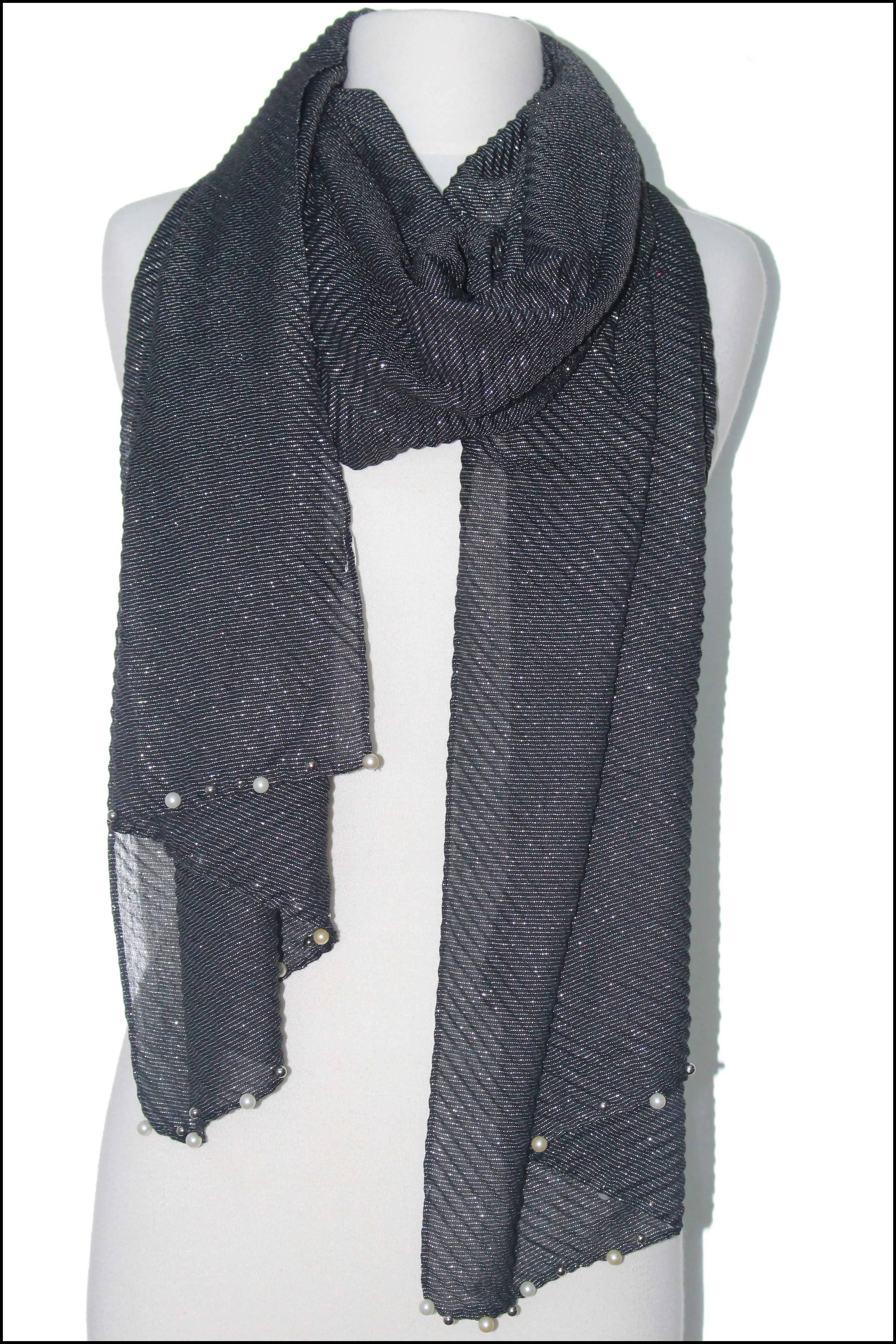 Pearl Embellished Edge Pleated Scarf
