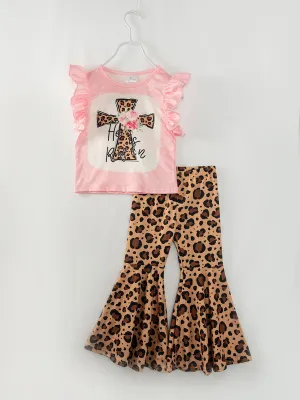Pink Leopard Cross Ruffle Girl Bell Bottom Outfit