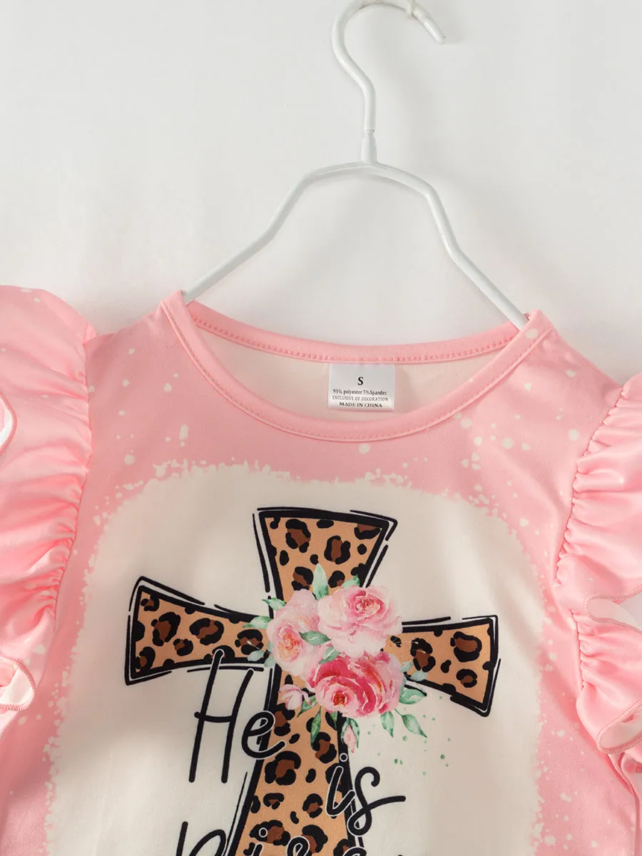 Pink Leopard Cross Ruffle Girl Bell Bottom Outfit