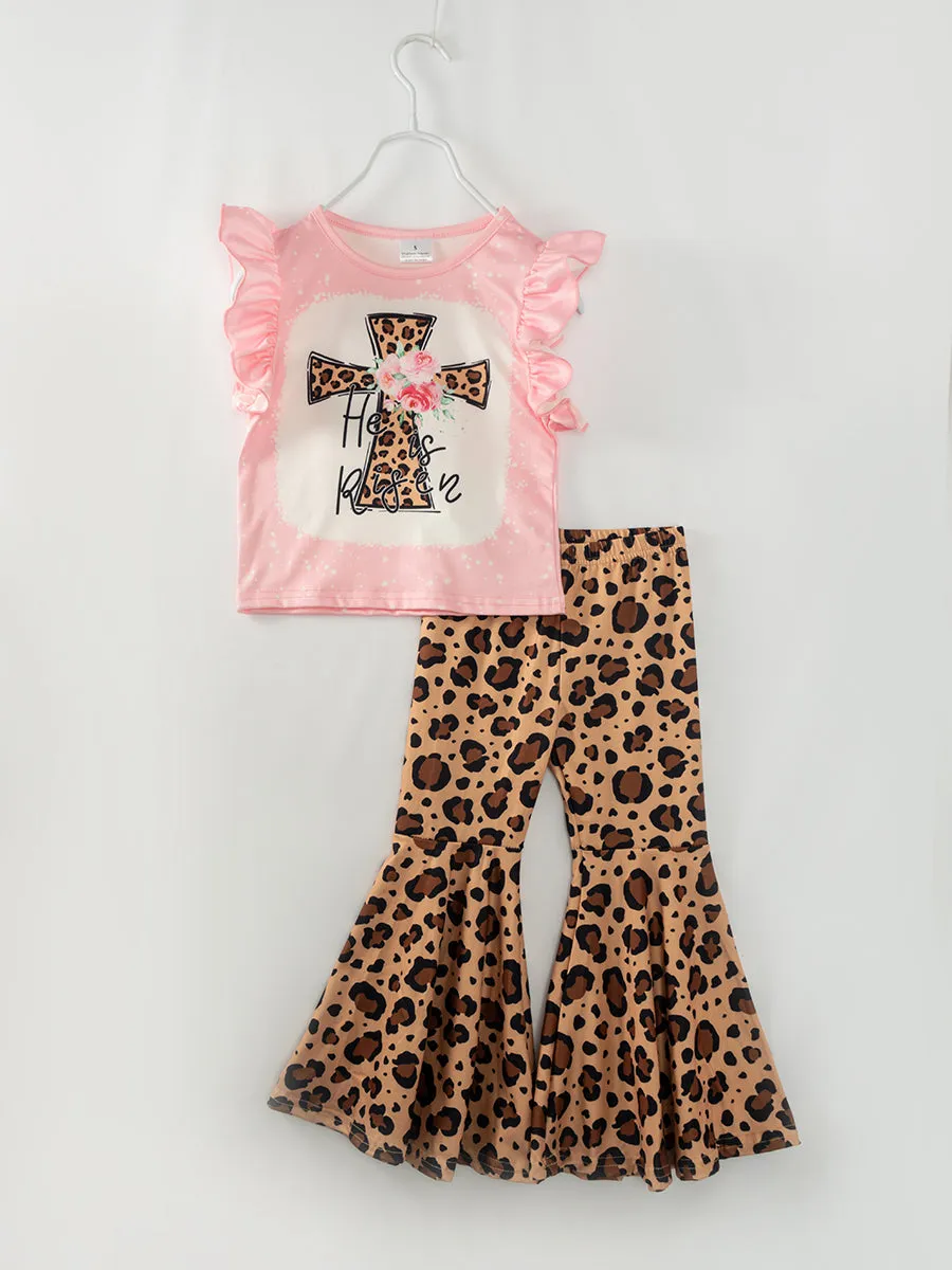 Pink Leopard Cross Ruffle Girl Bell Bottom Outfit