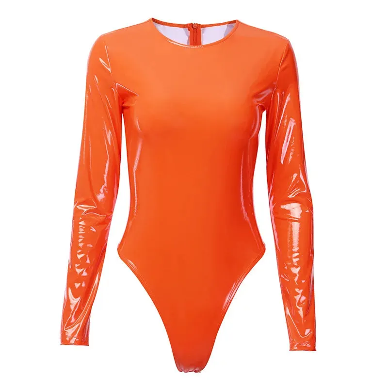 Pu Leather Long Sleeve O-neck Bodysuit