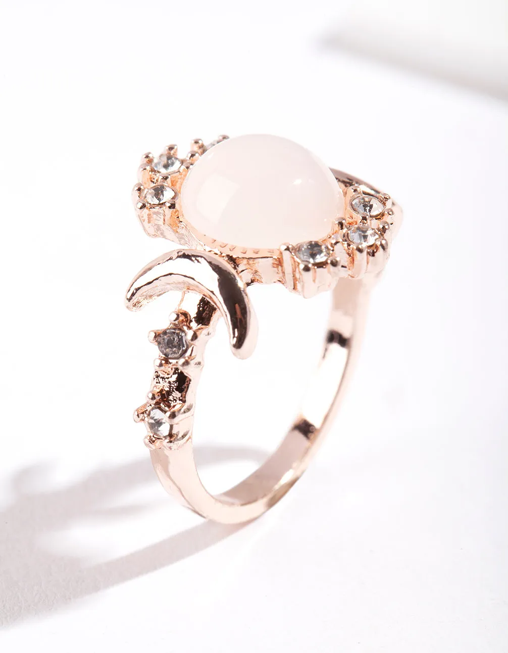 Rose Gold Vanilla Synthetic Opal Moon Diamante Ring