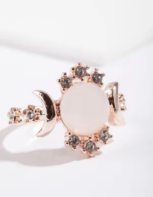 Rose Gold Vanilla Synthetic Opal Moon Diamante Ring