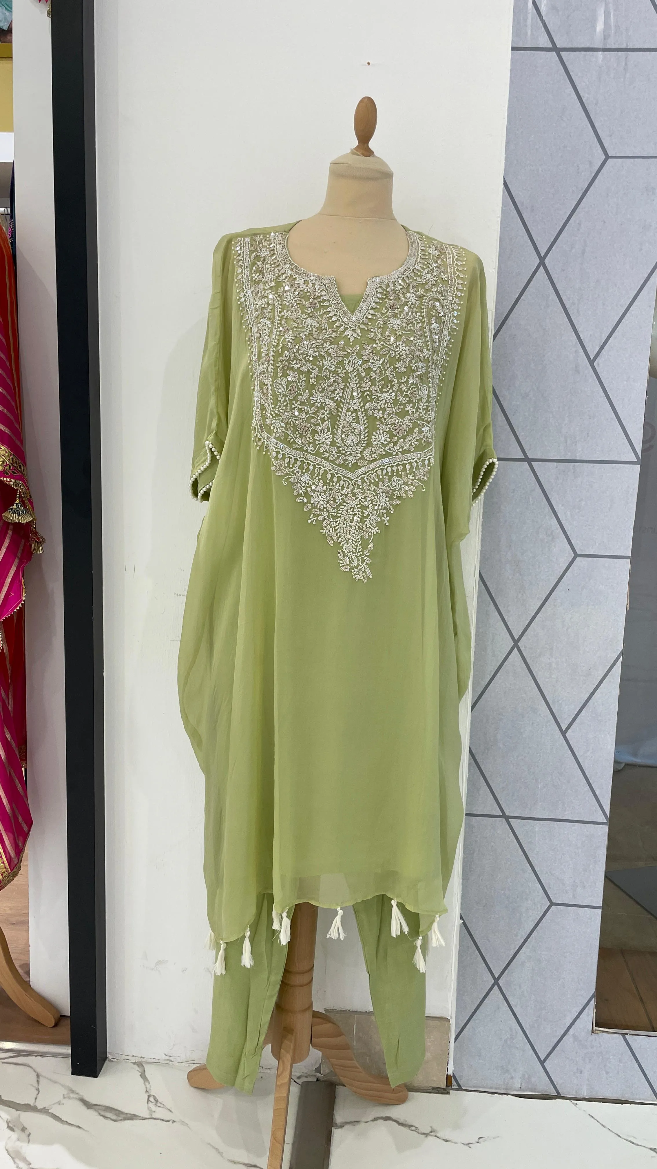 Saira Sage Green Kurta Set with White Beads (Ready to Wear)