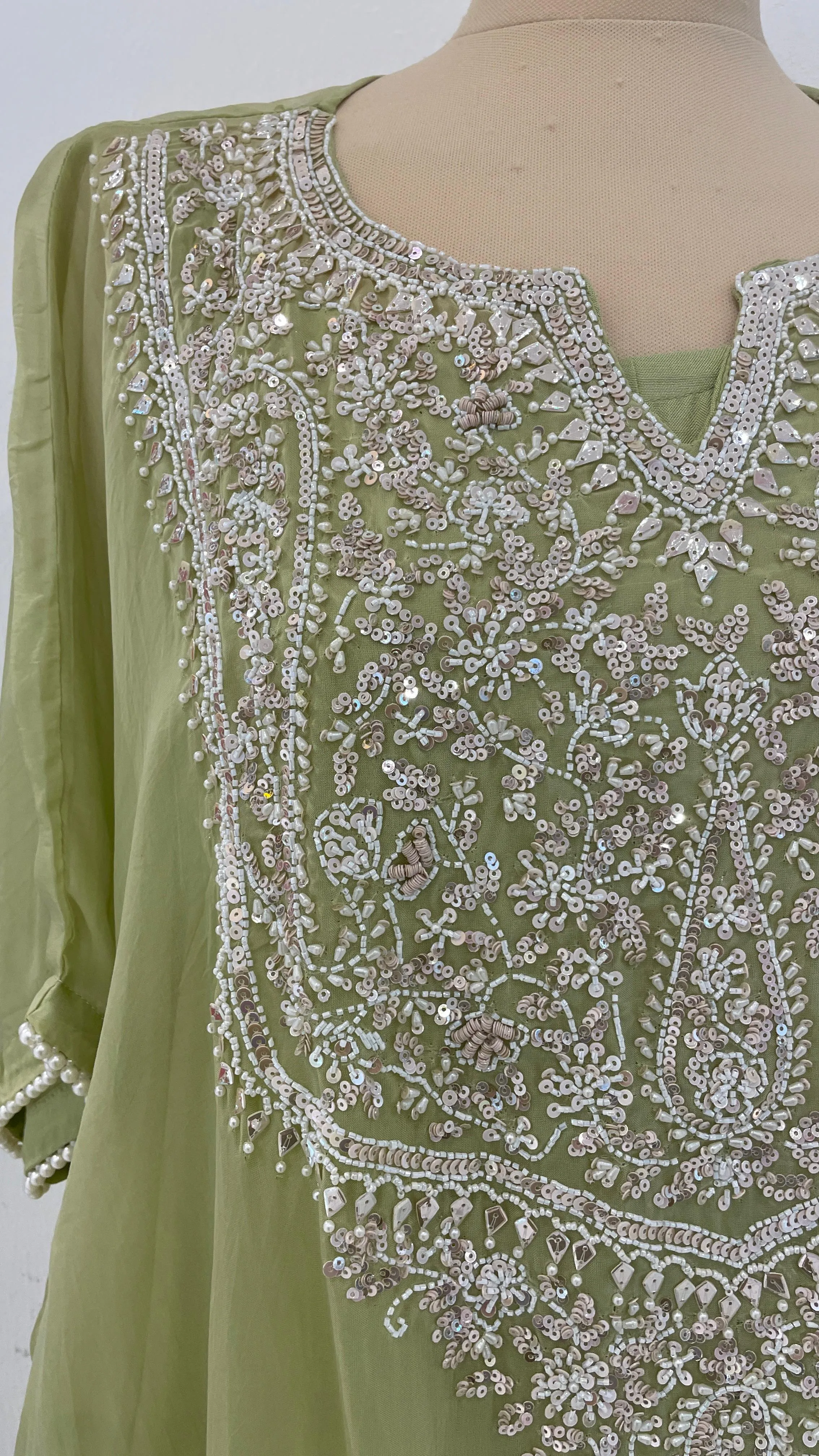 Saira Sage Green Kurta Set with White Beads (Ready to Wear)