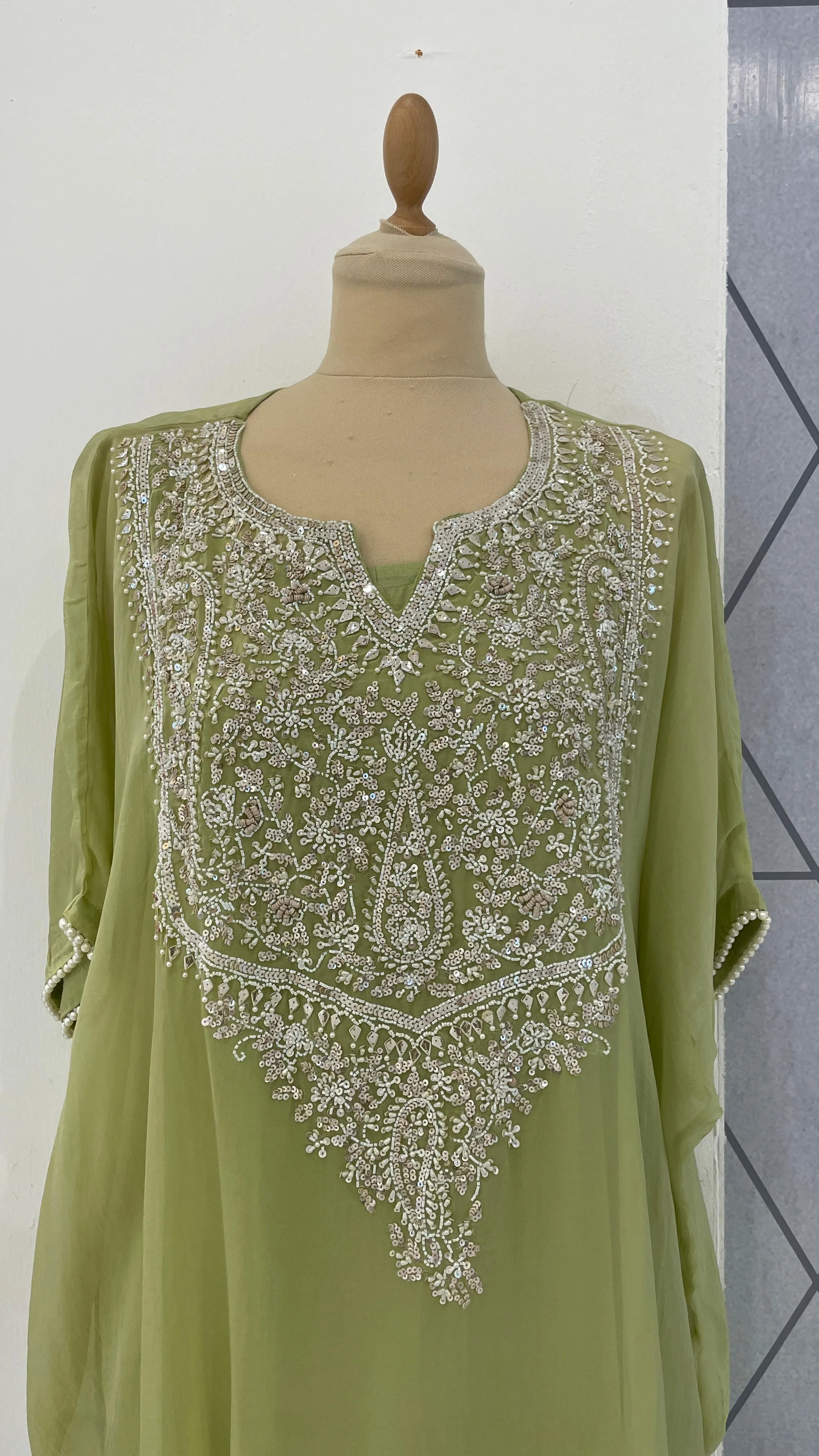 Saira Sage Green Kurta Set with White Beads (Ready to Wear)