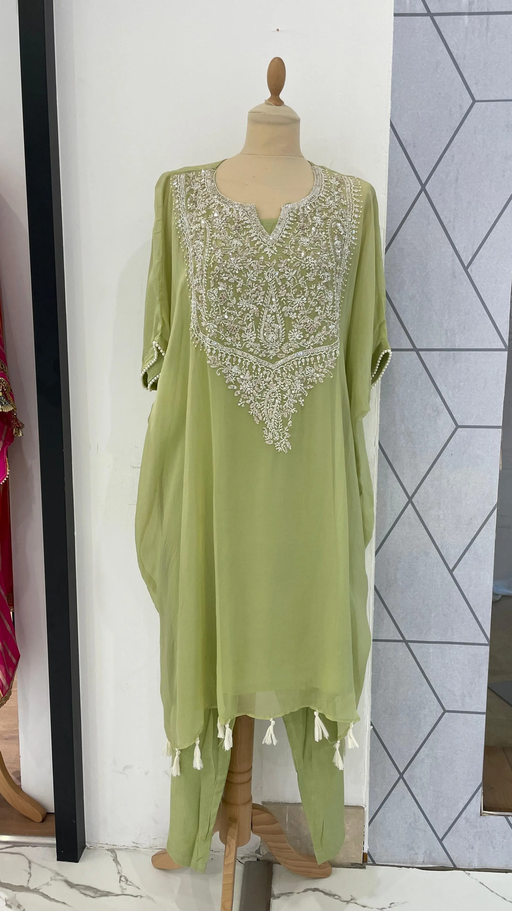 Saira Sage Green Kurta Set with White Beads (Ready to Wear)