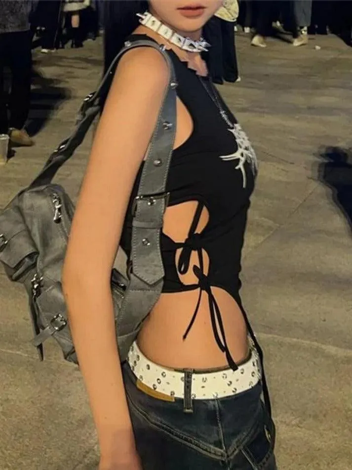 Spider Web Print Cutout Lace Up Tank Top