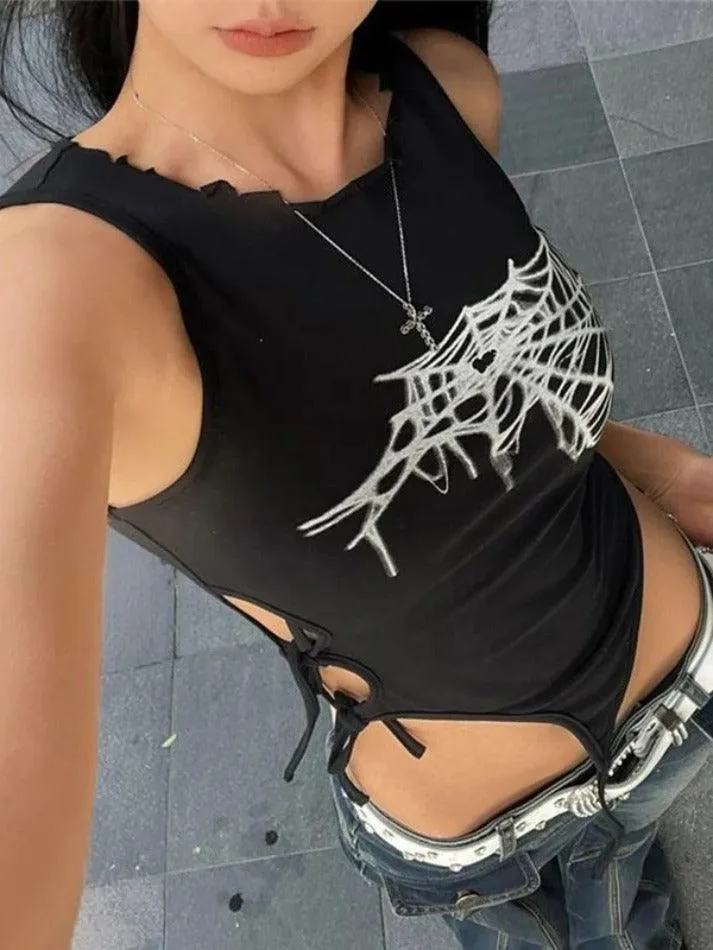 Spider Web Print Cutout Lace Up Tank Top