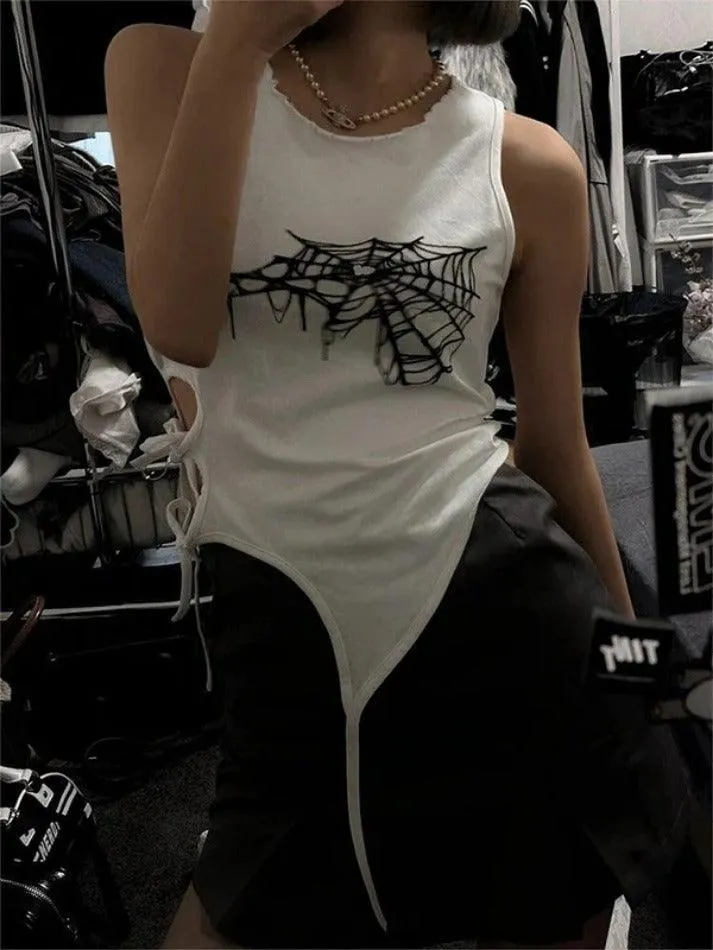 Spider Web Print Cutout Lace Up Tank Top