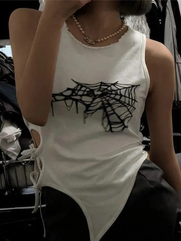 Spider Web Print Cutout Lace Up Tank Top