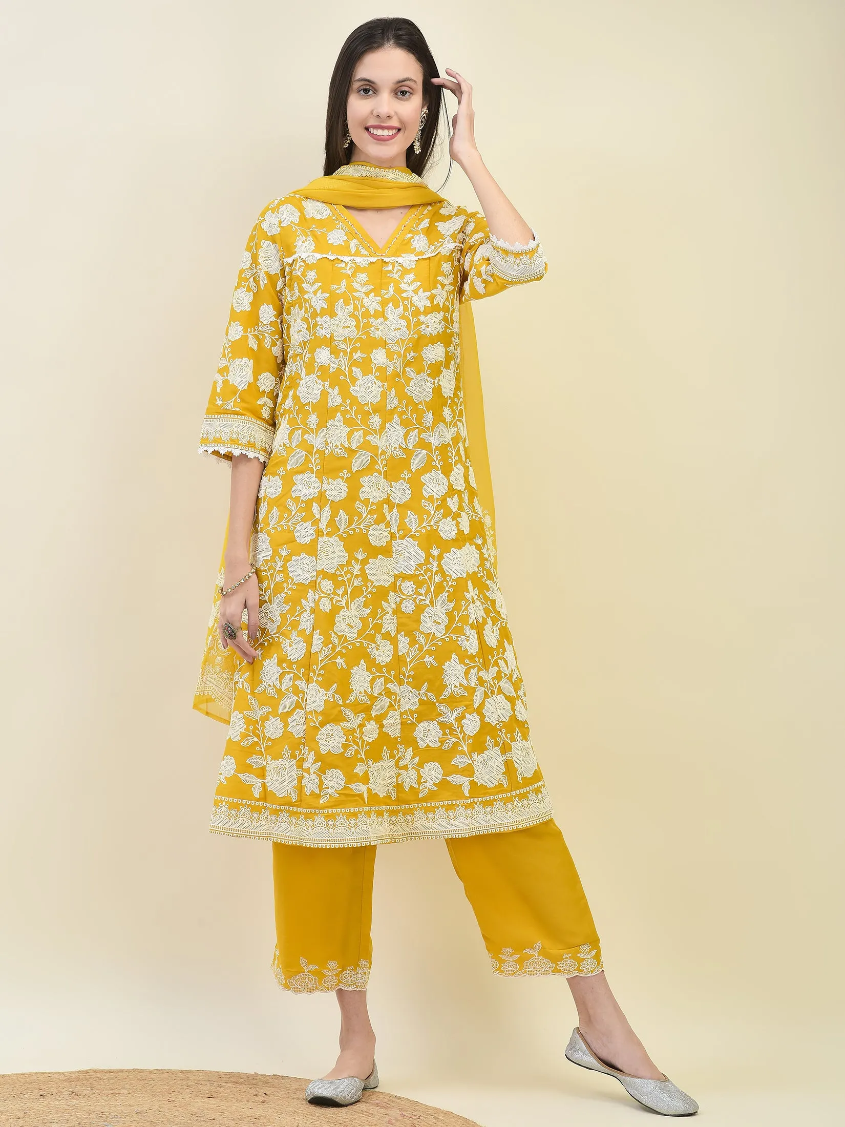 Women Mustard Yellow Chiffon Kurta Comfort Pant Dupatta