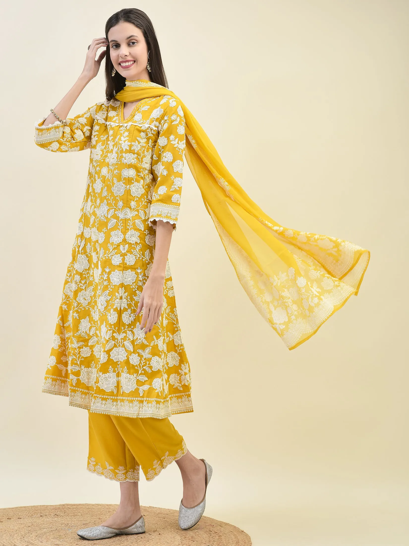 Women Mustard Yellow Chiffon Kurta Comfort Pant Dupatta