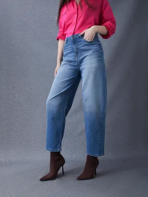 Women Premium Baggy Baloon High Waist Cotton Stretch Indigo Jeans
