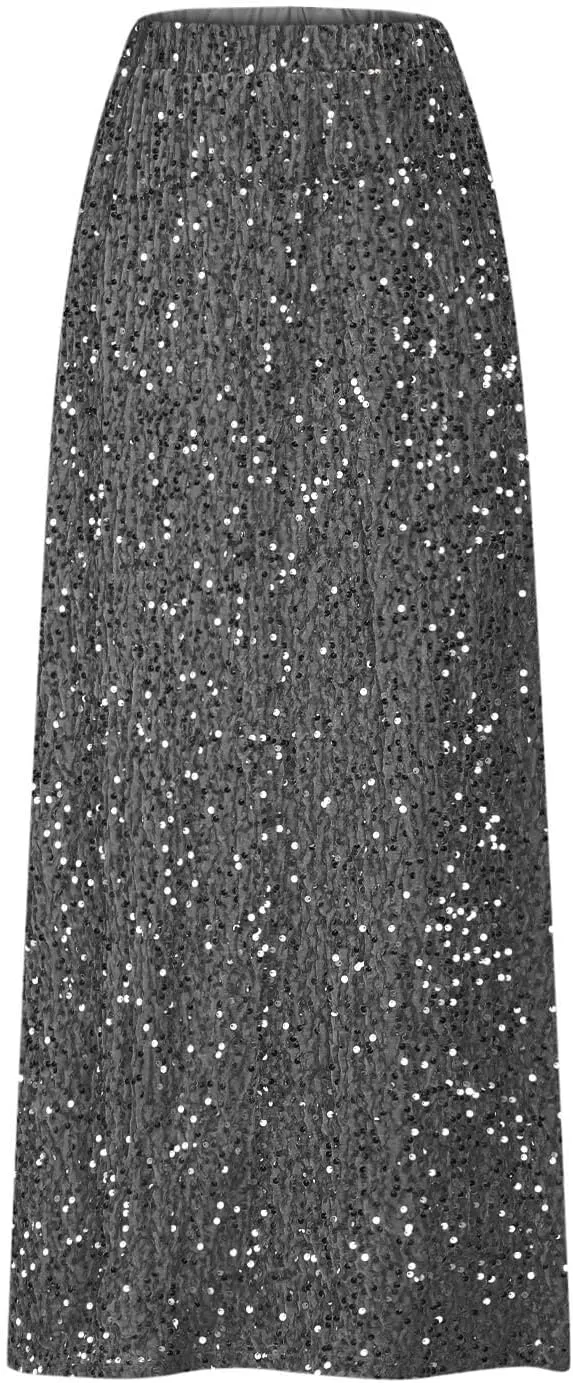 Women's Sequin Velvet Maxi Skirt Elastic High Waist Sparkle Cocktail Skirts Elegant Slim Fit Prom Party Pencil Skirt