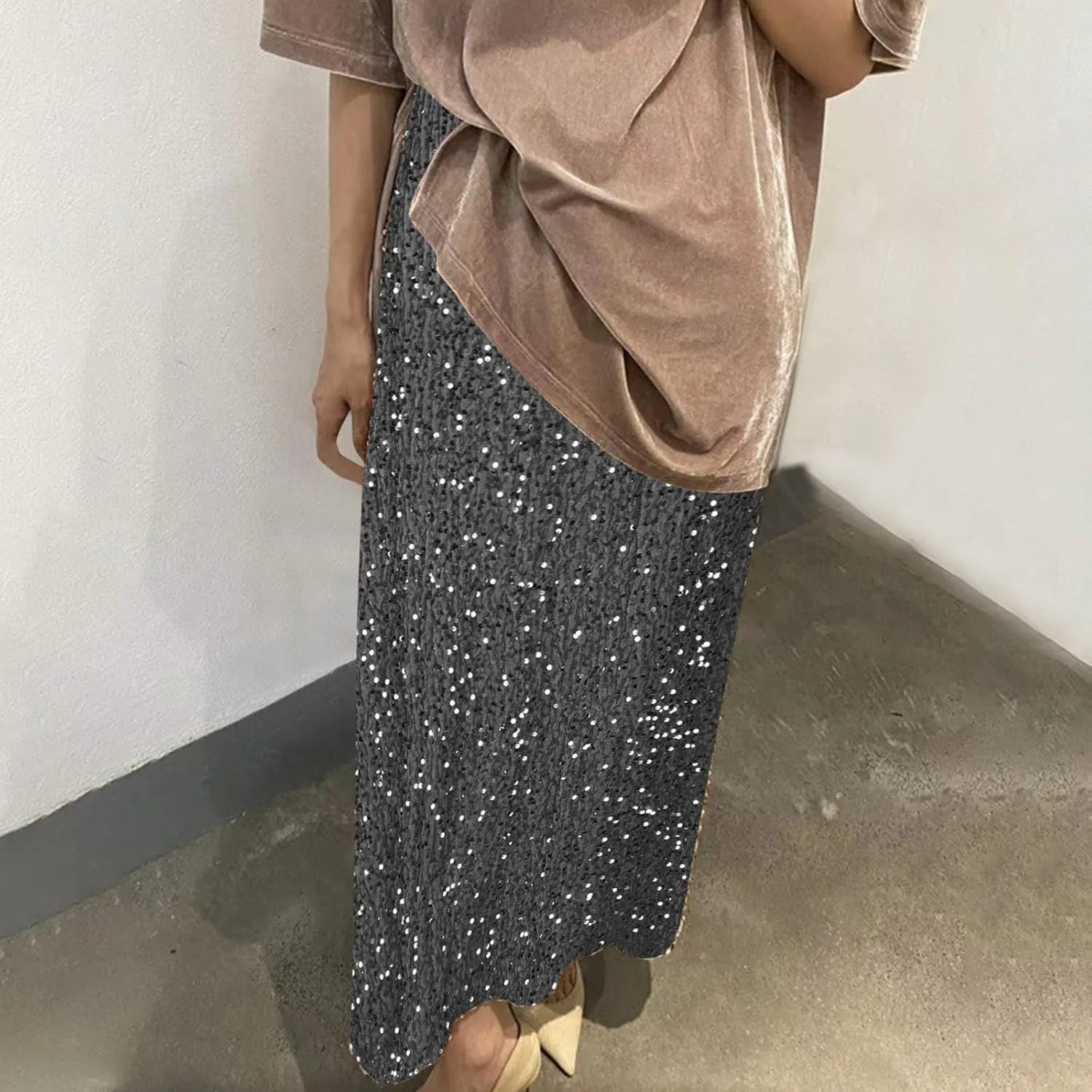 Women's Sequin Velvet Maxi Skirt Elastic High Waist Sparkle Cocktail Skirts Elegant Slim Fit Prom Party Pencil Skirt