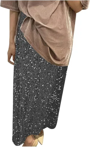 Women's Sequin Velvet Maxi Skirt Elastic High Waist Sparkle Cocktail Skirts Elegant Slim Fit Prom Party Pencil Skirt