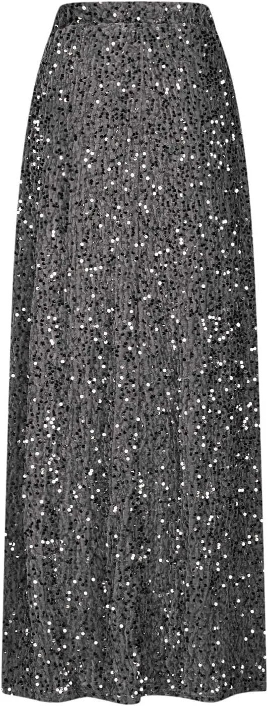 Women's Sequin Velvet Maxi Skirt Elastic High Waist Sparkle Cocktail Skirts Elegant Slim Fit Prom Party Pencil Skirt